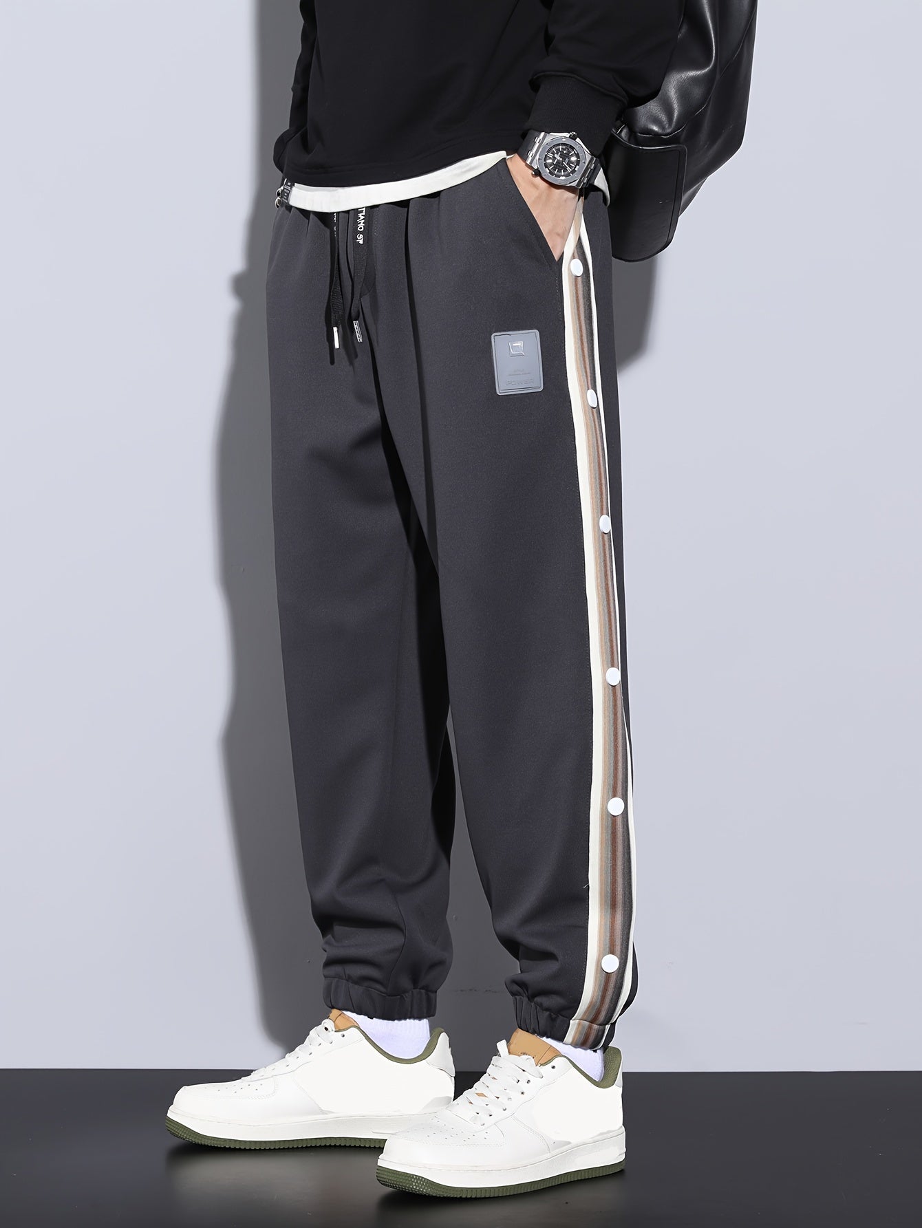 Men's Trendy Striped Joggers, Casual Slightly Stretch Breathable Side Button Trousers For Outdoor Spring Fall