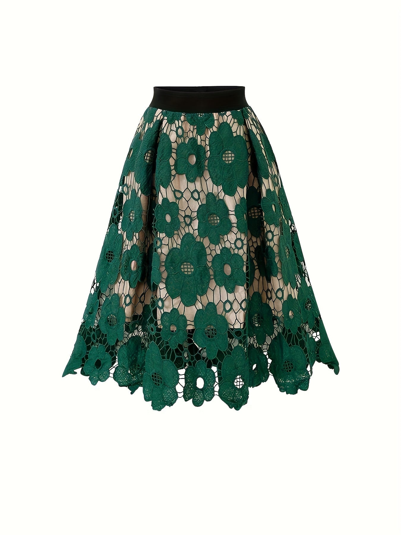 Guipure Lace Midi Skirts, Elegant High Waist Floral Pattern Skirts, Women's Clothing