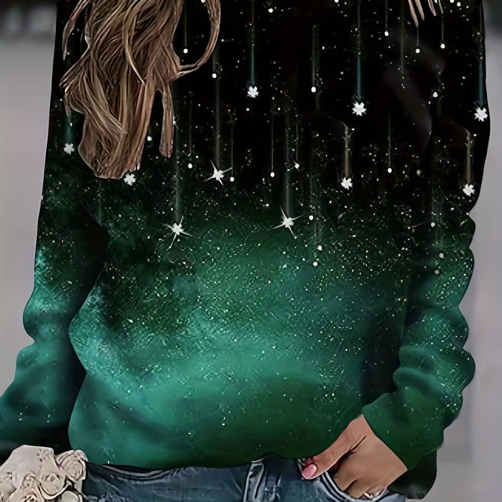 hoombox Meteor Print Pullover Sweatshirt, Casual Long Sleeve Crew Neck Sweatshirt For Fall & Winter, Women's Clothing