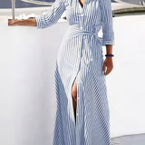 hoombox  Striped Print Maxi Dress, Casual Button Front Long Sleeve Dress, Women's Clothing