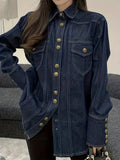 hoombox  Dark Blue Lapel Denim Jackets, Long Sleeves Button Closure Loose Fit Denim Coats, Women's Denim Clothing