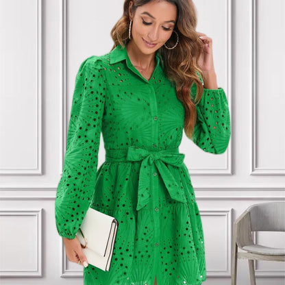 hoombox Solid Color Shirt Dress, Belted Cutwork Embroidery Long Sleeve Dress.