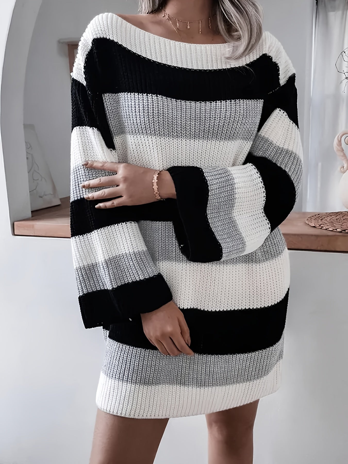 Striped Knitted Dress, Casual Boat Neck Long Sleeve Dress, Women's Clothing