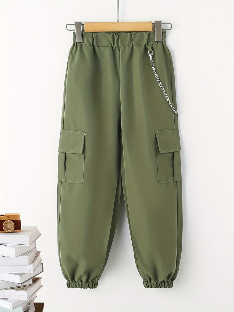 Boys Casual Cargo Pants With Chain Decor, Elastic Waist Jogger Pants With Pocket, Kids Clothing