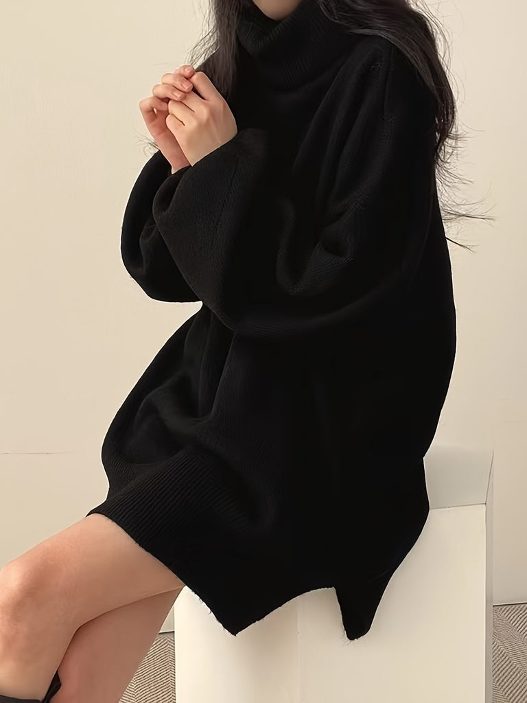 hoombox  Solid Turtle Neck Oversized Sweater, Casual Long Sleeve Split Sweater, Women's Clothing