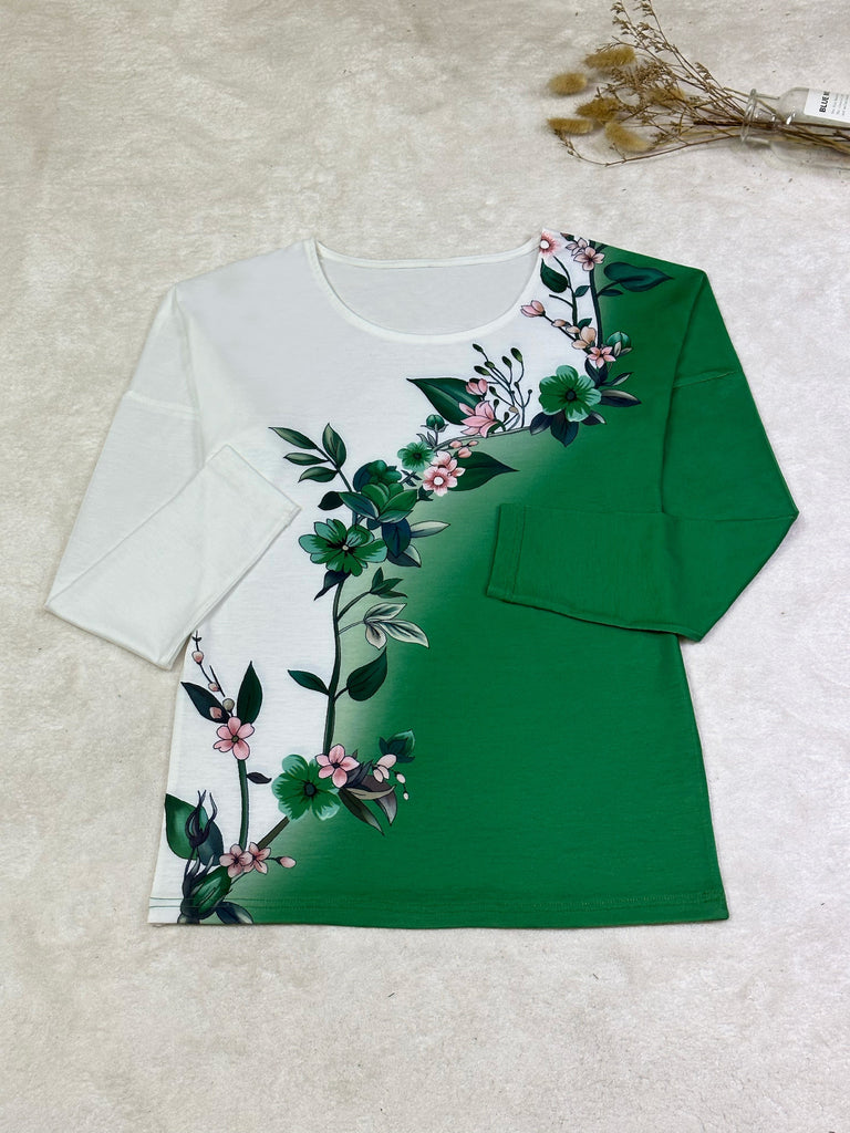 hoombox Floral Print Colorblock Crew Neck T-Shirt, Casual Long Sleeve Top For Spring & Fall, Women's Clothing