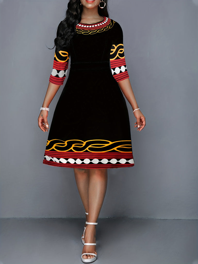 hoombox Geo Print 3/4 Sleeve Dress, Elegant Crew Neck Knee Length Dress, Women's Clothing