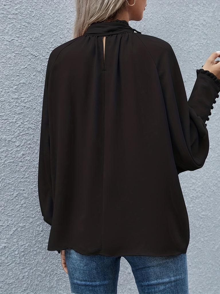 Ruffle Trim Tie Neck Blouse, Casual Solid Long Sleeve Blouse For Spring & Summer, Women's Clothing