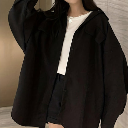 hoombox  Solid Oversized Shirt, Casual Button Front Long Sleeve Collared Shirt, Women's Clothing