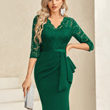 Contrast Lace Solid Party Dress, Elegant V Neck 3/4 Sleeve Bodycon Wedding Guest Dress, Women's Clothing