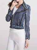 hoombox  Blue Full Zipper Crop Denim Coat, Long Sleeves Mid-Stretch Slim Fit Denim Jacket, Women's Denim Clothing