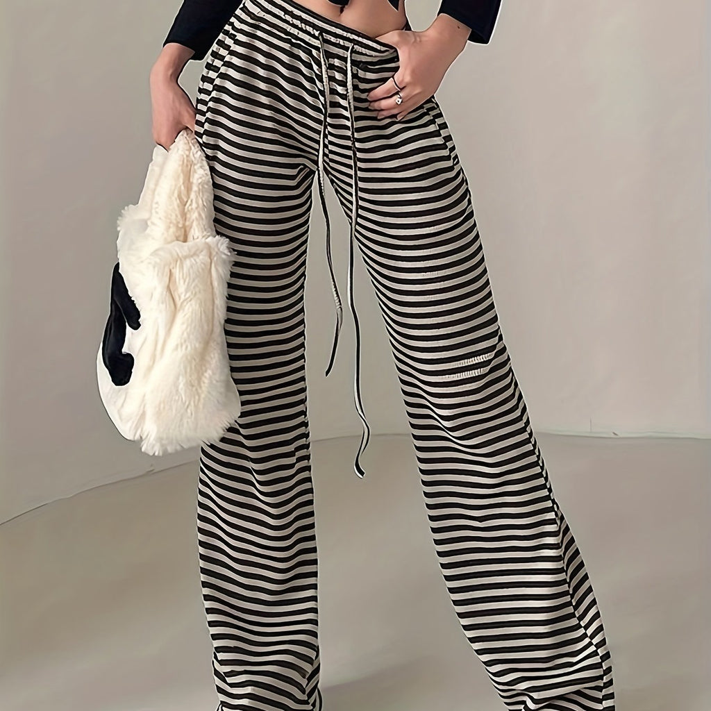 hoombox Striped Drawstring Flare Leg Pants, Casual Pocket Loose Pants, Women's Clothing