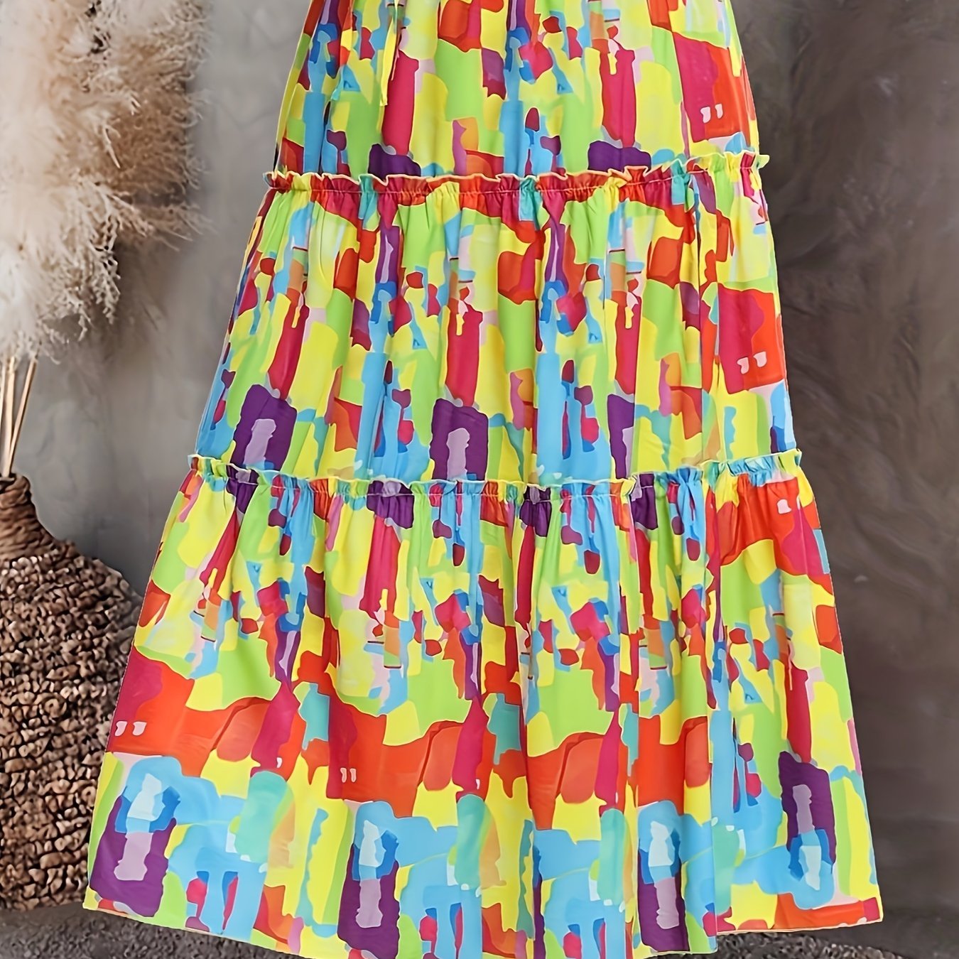 Plus Size Boho Skirt, Women's Plus Pleated Patchwork Print Smock Drawstring Skirt