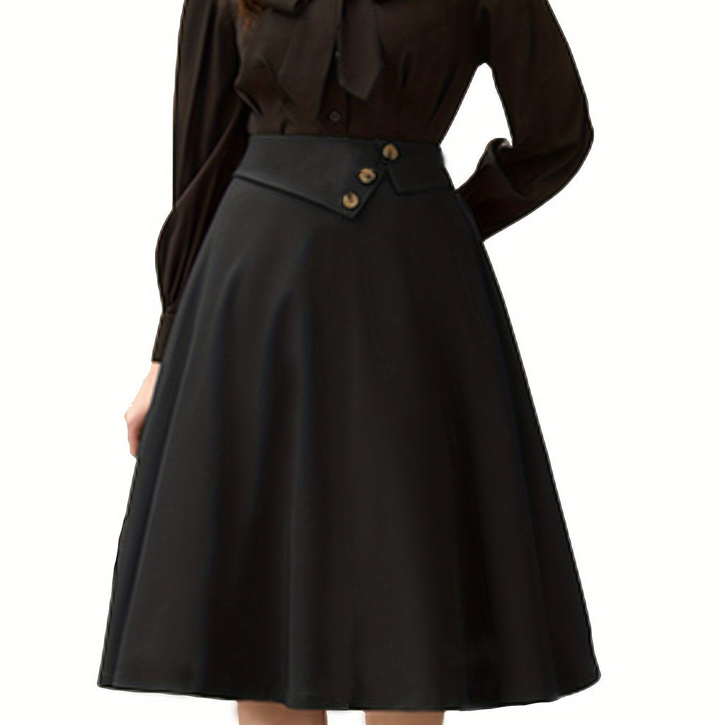 Solid High Waist Flared Skirt, Vintage Button Big Swing Midi Skirt, Women's Clothing