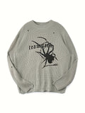 hoombox  Gothic Spider Pattern Ripped Pullover Sweater, Vintage Long Sleeve Streetwear Oversized Sweater, Women's Clothing