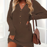 hoombox Button Front Sweater Dress, Casual V Neck Long Sleeve Midi Dress, Women's Clothing