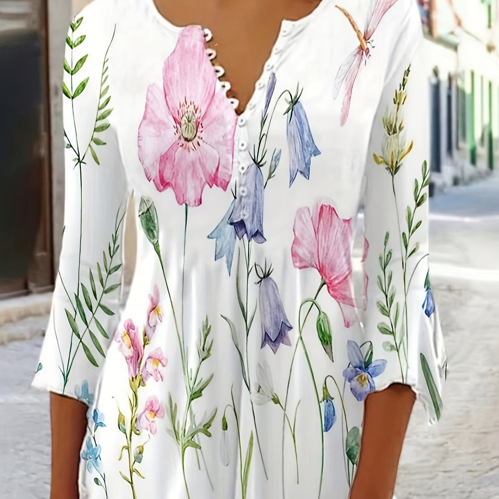 hoombox Floral Print Button Front T-shirt, Casual Flared Sleeve Top For Spring & Fall, Women's Clothing