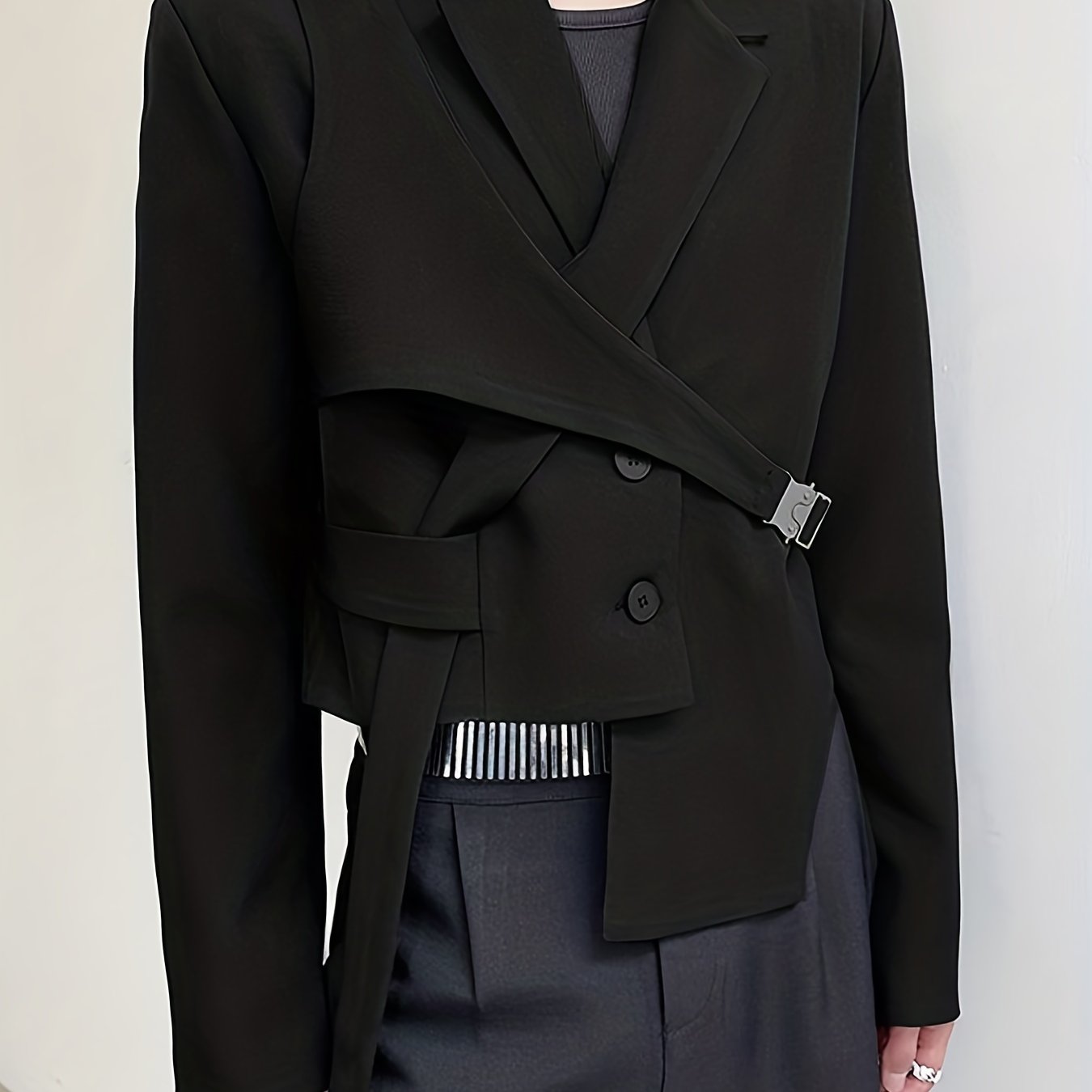 Men's Korean Style Irregular Design Blazer With Belt, Long Sleeve High Waist Suit Jackets For Party, Funky Club Wear Coat Outwear Tops, Men's Clothing, Plus Size