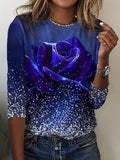 hoombox Rose Print Crew Neck T-Shirt, Casual Long Sleeve Top For Spring & Fall, Women's Clothing