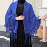hoombox Solid Color Knitted Hollow Out Shawl Simple Versatile Tassel Shawl Autumn Winter Outside Coldproof Stretchy Long Cloak Shawl