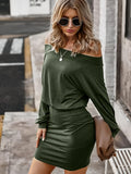 hoombox Solid Color Off Shoulder Dress, Casual Bag Hip Ruched Long Sleeve Dress For Spring & Fall, Women's Clothing