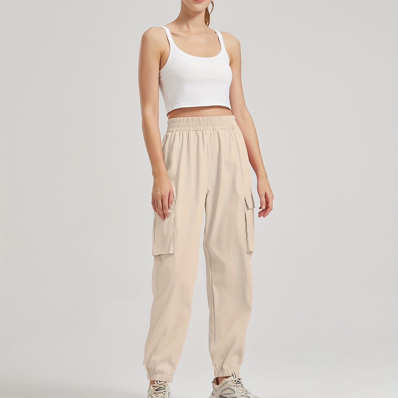 Solid Color Casual Joggers Sweatpant, Cargo Loose High Waisted Pants With Pockets, Women's Athleisure