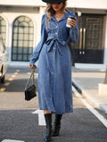 hoombox Blue Long Sleeves Denim Dress, Single Breasted Button With Waistband Lapel Denim Dress, Women's Denim Clothing