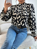 hoombox Leopard Print Keyhole Blouse, Casual High Neck Long Sleeve Blouse, Women's Clothing