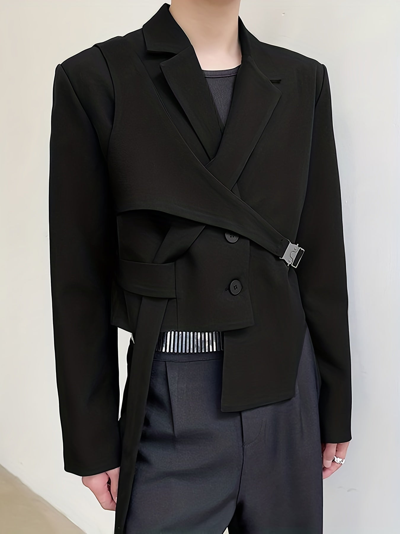 Men's Korean Style Irregular Design Blazer With Belt, Long Sleeve High Waist Suit Jackets For Party, Funky Club Wear Coat Outwear Tops, Men's Clothing, Plus Size