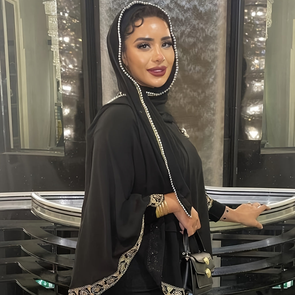 hoombox Luxury Faux Pearl Decor Edge Hijab Black Thin Breathable Chiffon Shawl Casual Outdoor Sunscreen Scarf
