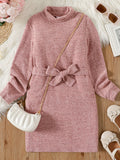 PatPat Kid Girl Elegant Solid Color Turtleneck/Round Neck Belted Long-sleeve Dress (Bag is not included) For Winter