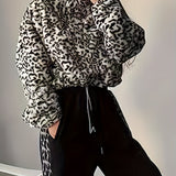 Leopard Plush Half Zipper Coat, Casual Long Sleeve Drawstring Crop Coat, Women's Clothing