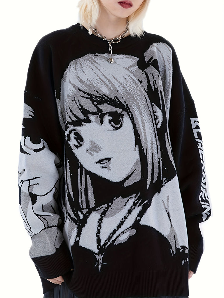 hoombox  Anime Graphic & Letter Print Pullover Sweater, Cute Long Sleeve Crew Neck Sweater, Women's Clothing
