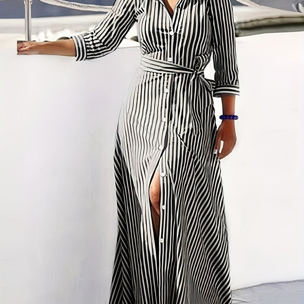 hoombox  Striped Print Maxi Dress, Casual Button Front Long Sleeve Dress, Women's Clothing