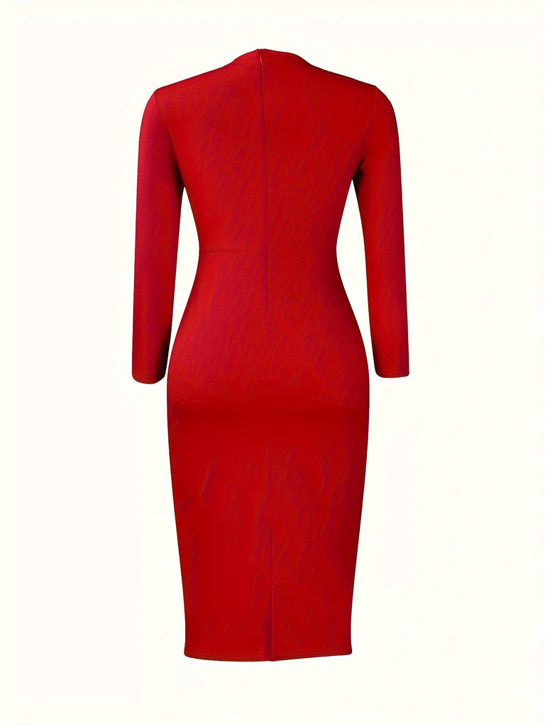 Ruffle Trim Peplum Dress, Elegant Crew Neck Long Sleeve Solid Pencil Dress, Women's Clothing