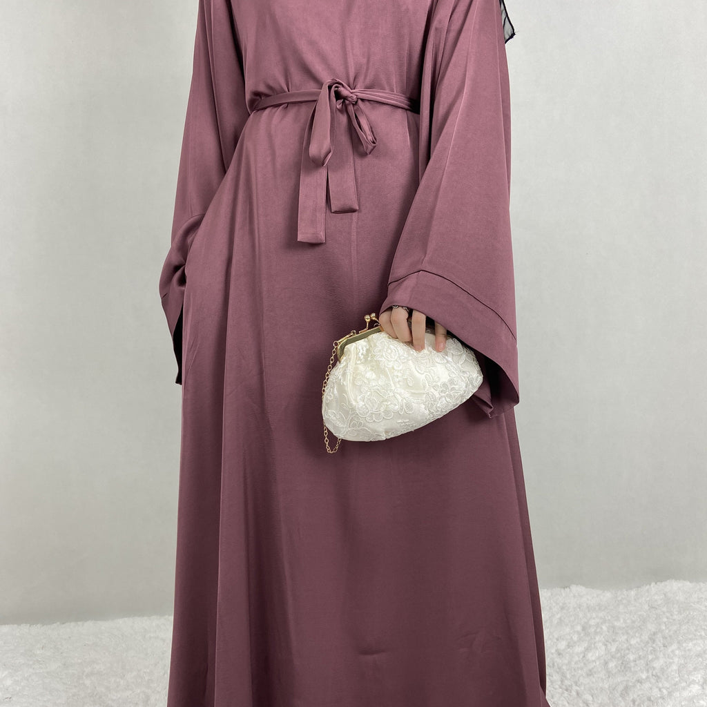 hoombox Solid Belted Abaya Kaftan Dress, Elegant Ankle Length Long Sleeve Dress, Women's Clothing