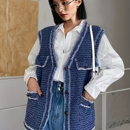 hoombox  Frayed Hem Casual Denim Jackets, Sleeveless Mid Stretch V Neck Denim Vest, Women's Denim Clothing