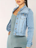 hoombox Blue Long Sleeves Denim Jackets, Single-Breasted Button Flap Pockets Lapel Denim Coats, Women's Denim Clothing