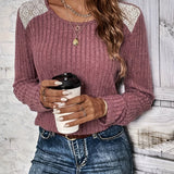 hoombox Ribbed Knit Lace Decor Top, Versatile Crew Neck Long Sleeve Top For Spring & Fall, Women's Clothing