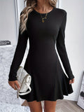 hoombox A-line Ribbed Solid Dress, Elegant Crew Neck Long Sleeve Dress, Women's Clothing