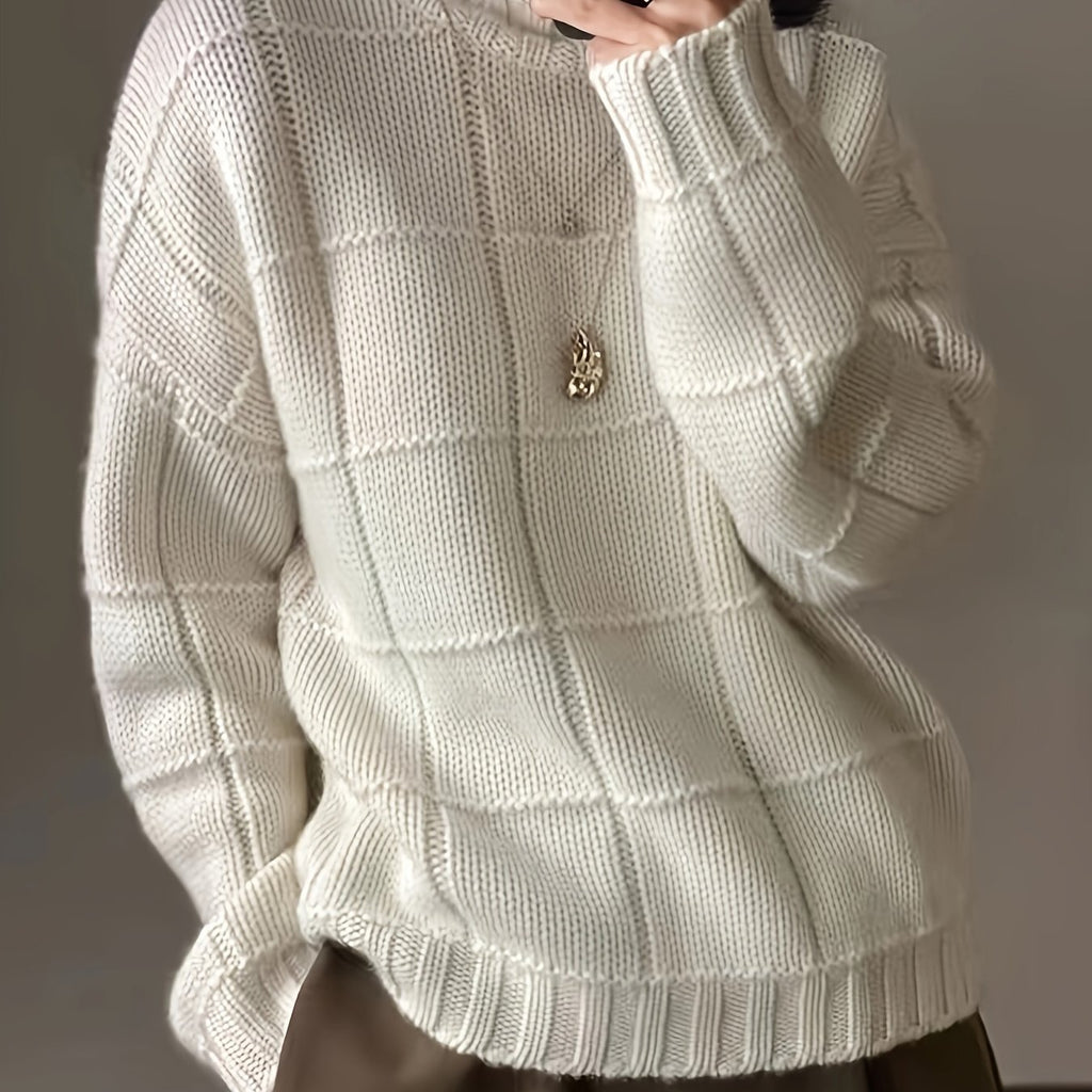 Plaid Turtle Neck Pullover Sweater, Casual Long Sleeve Thick Loose Sweater, Women's Clothing