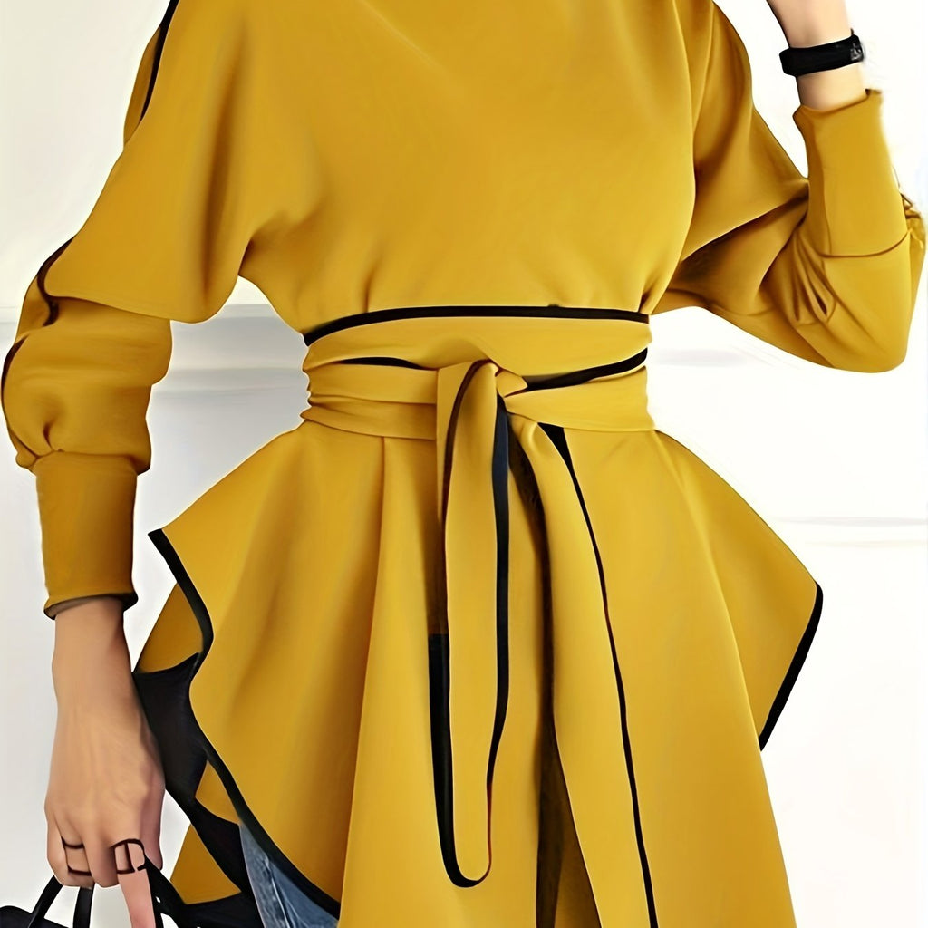 hoombox Contrast Trim Belted Asymmetrical Tunics, Elegant Mock Neck Long Sleeve Top For Spring & Fall, Women's Clothing