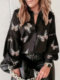 Plus Size Elegant Blouse, Women's Plus Butterfly Print Lantern Sleeve Turn Down Collar Button Up Shirt