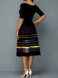 hoombox Plus Size Casual Dress, Women's Plus Colorblock Stripe Print Short Sleeve Round Neck Midi Dress