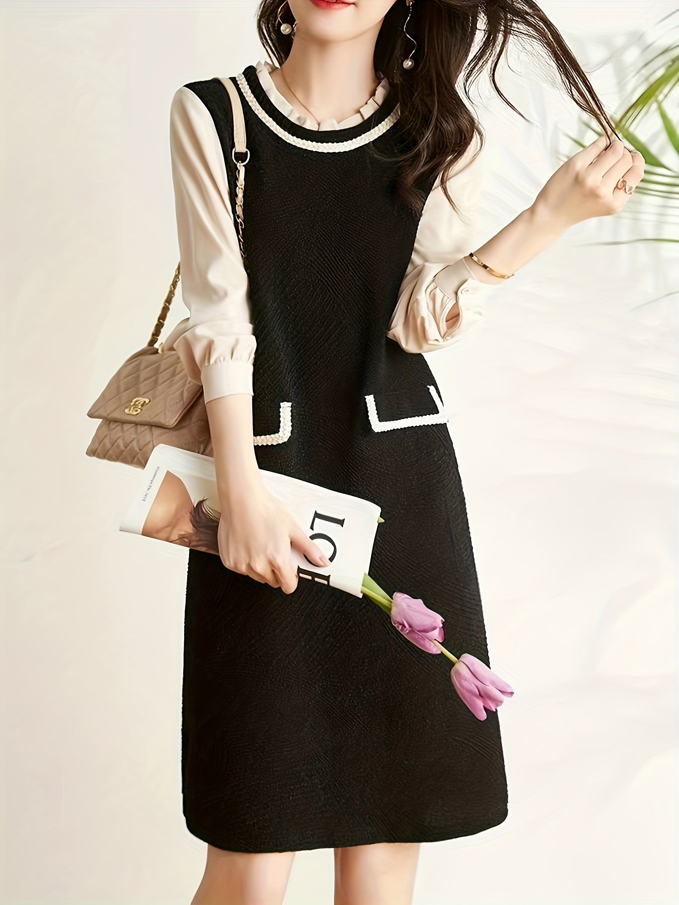hoombox Color Block Simple Dress, Elegant A Line Long Sleeve Dress, Women's Clothing