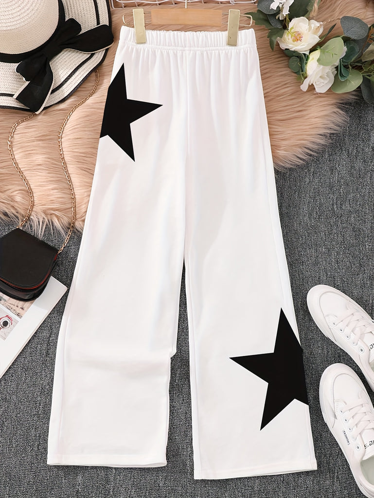 Girls' Trendy Stars Print High Waisted Wide-Leg Pants, Loose Fit Kids Trousers For Autumn And Winter
