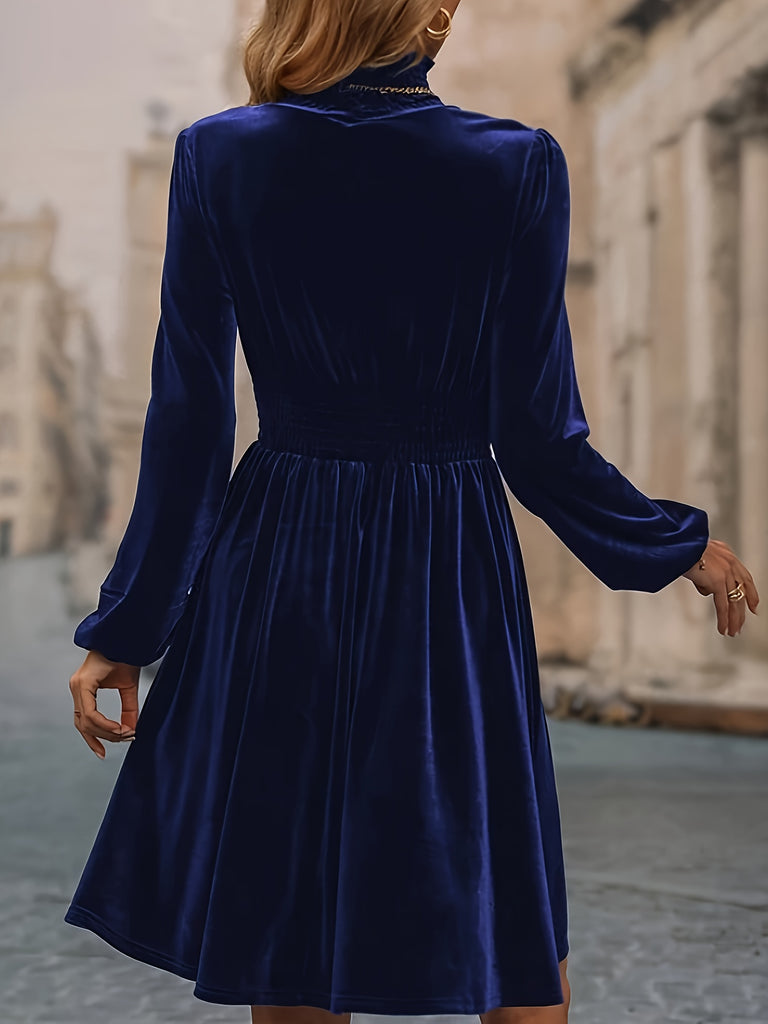 hoombox  Solid Shirred Knee Length Dress, Elegant Long Sleeve Mock Neck Dress, Women's Clothing