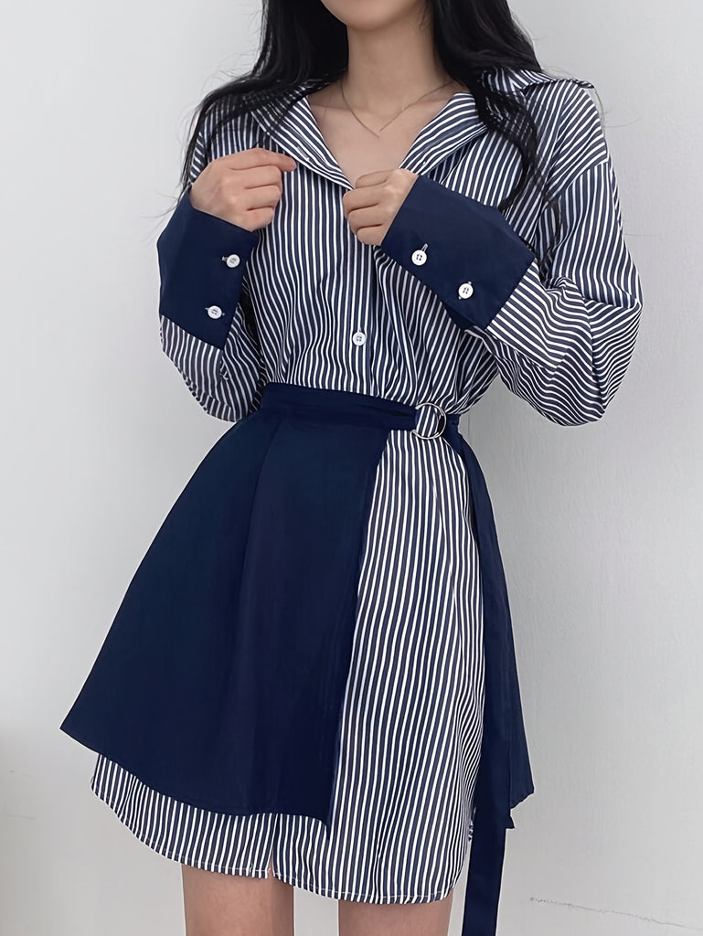 hoombox  Stripe Print Button Front Wrap Dress, Stylish Cuff Sleeve Lapel A-line Dress, Women's Clothing