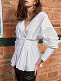 Solid Color Ruffle Hem Lantern Sleeve V-Neck Top, Elegant Shirts For Work, Women's Clothing