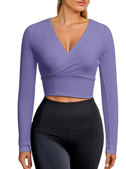 hoombox  Ribbed Solid Deep V Neck Long Sleeve Cross Wrap Crop Tops , Women's Clothings